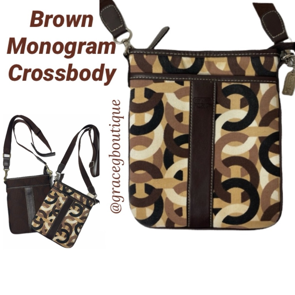 Coach Crossbody Purse Shoulder Bag Luxury Designer Monogram Tan Brown Multicolor